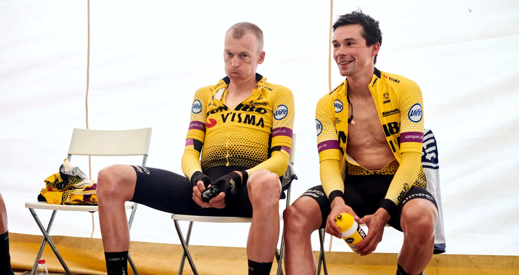 Primoz Roglic after a hard team time trial with teammate robert geesink