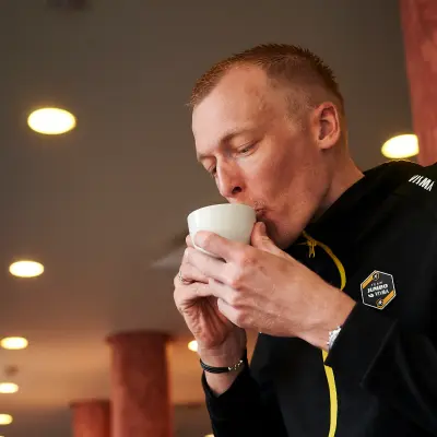 Robert Geesink drinking a cup of coffee